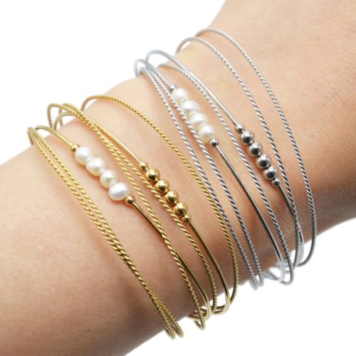 Bracelet-Multi-Rangs-Joncs-Torsades-Billes-Acier-et-Perles