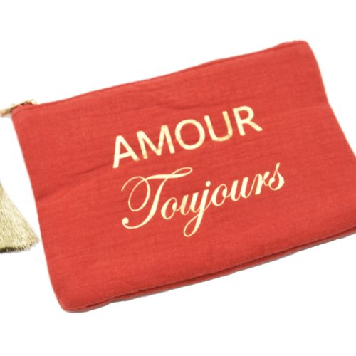 Trousse-Pochette-Coton-Rouge-Orange-Message-Amour-Toujours-Pompon-Dore