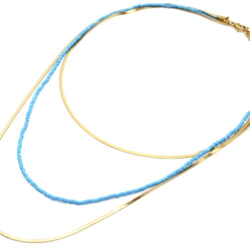 Collier-Double-Chaines-Serpent-Acier-Dore-et-Perles-Turquoises